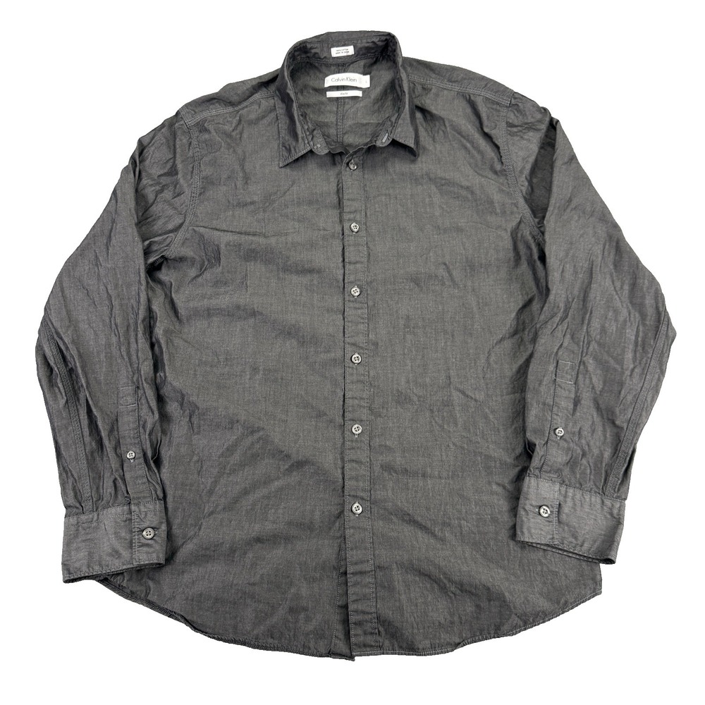 Calvin Klein Dress Shirt Mens Large Gray Button Up Slim Fit Stretch Cotton